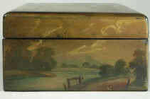 A painted Fully fitted Papier mch Sewing box Circa 1835. Enlarge Picture