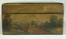 A painted Fully fitted Papier mch Sewing box Circa 1835. Enlarge Picture