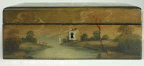 A painted Fully fitted Papier mch Sewing box Circa 1835. Enlarge Picture