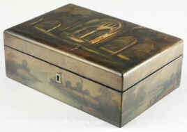 A painted Fully fitted Papier mch Sewing box Circa 1835. Enlarge Picture