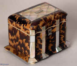 An Early Victorian  tortoiseshell and mother-of-pearl single compartment tea caddy  Enlarge Picture