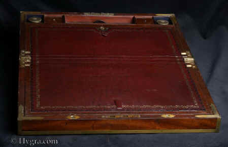 Antique Brass bound flame mahogany writing box of dovetail constructionwith secrets circa 1820  Enlarge Picture