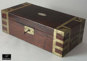 Antiquebrass bound mahogany writing box in the military style with Bramah lock circa 1800 Enlarge Picture