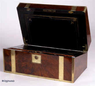 Antique Writing Box in Burr Walnut with Brass Binding Bramah lock circa 1970 Enlarge Picture