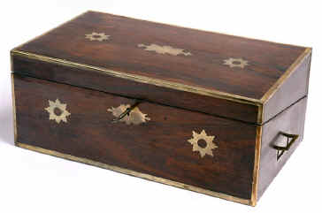 Regency brass edged  rosewood writing box with brass accents, countersunk brass handles  circa 1815 Enlarge Picture