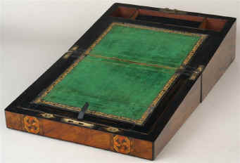  Victorian walnut veneered writing box inlaid in strips of geometric marquetry circa 1880 Enlarge Picture