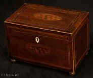 TC541: Inlaid mahogany two compartment  tea caddy circa 1790. The top and front have  central  oval marquetry medallions depicting  conch shells. Inside there are two compartments with supplementary lids with turned bone pulls. in the 18th century manner the lids do not have supports but would be expected to sit on the tea. The orchestration of the inlays is complex. The top has the central cartouche inlaid in a panel of well figured flame mahogany. This is framed by inlaid stringings in light and dark woods and a cross banding of mahogany.  the caddy is edged in boxwood having facings to the bottom and the lid. The caddy stands on cast gilded brass feet. Enlarge Picture