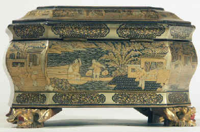 Chinese export lacquer tea chest with scenes of tea trading the interior fitted with metal canisters, circa 1840. chtealac04.jpg (117462 bytes)