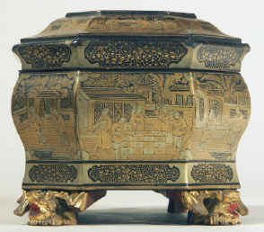 Chinese export lacquer tea chest with scenes of tea trading the interior fitted with metal canisters, circa 1840. chtealac05.jpg (131632 bytes)