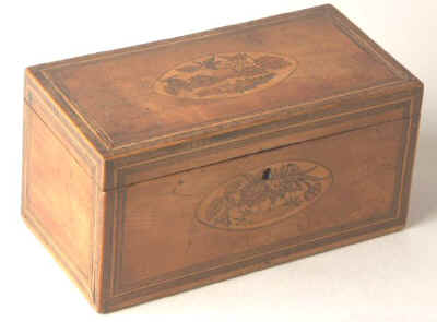 A three compartment inlaid  satin-birch tea caddy marquetry  depicting fruit  Circa 1795