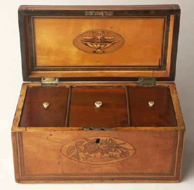 A three compartment inlaid  satin-birch tea caddy marquetry  depicting fruit  Circa 1795