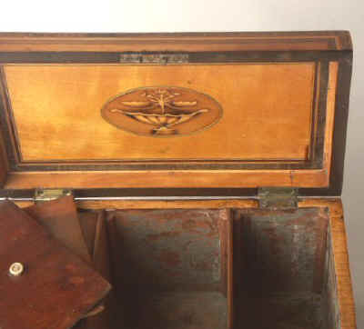 A three compartment inlaid  satin-birch tea caddy marquetry  depicting fruit  Circa 1795