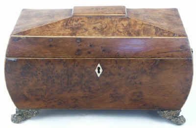 A burr yew  three compartment tea caddy/chest of bombe shape, pyramided top with gilded brass drop handleshandles and feet.