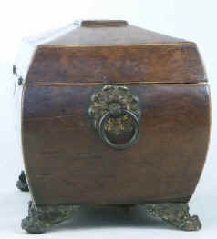 A burr yew  three compartment tea caddy/chest of bombe shape, pyramided top with gilded brass drop handleshandles and feet.