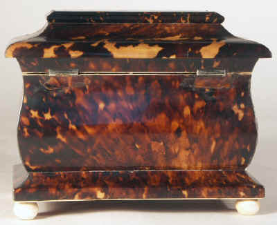 Very Fine Tortoiseshell Tea Caddy Inlaid with Engraved Mother of Pearl and White Metal Circa 1840.