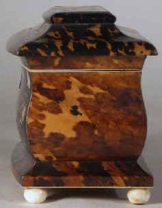 Very Fine Tortoiseshell Tea Caddy Inlaid with Engraved Mother of Pearl and White Metal Circa 1840.