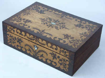 Antique Writing Box in rosewood and birds eye maple. wbbimrw07.jpg (76324 bytes)