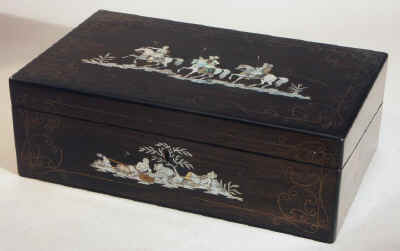 A Coromandel Writing box inlaid With Mother of Pearl and Abalone depicting exotic horsemen, Circa 1850. wbcormop02.jpg (55177 bytes)