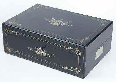 A Very Fine Writing Box Veneered with Ebony and Inlaid with metal and Abalone shell by Hausburg of Liverpool Circa 1850.