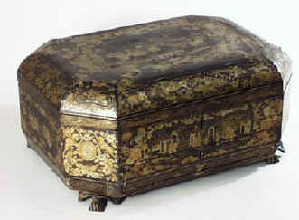   Chinese Export Lacquer Sewing  Box decorated with scenes of oriental life  circa 1850.