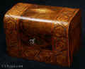TC428: Victorian walnut veneered box inlaid in strips of geometric parquetry  circa 1880. Inside there are two compartments each with a supplementary lid. Enlarge Picture