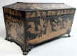 Regency three compartment Penwork Tea caddy decorated all over with exotic penwork scenes on a sycamore ground . Circa 1820